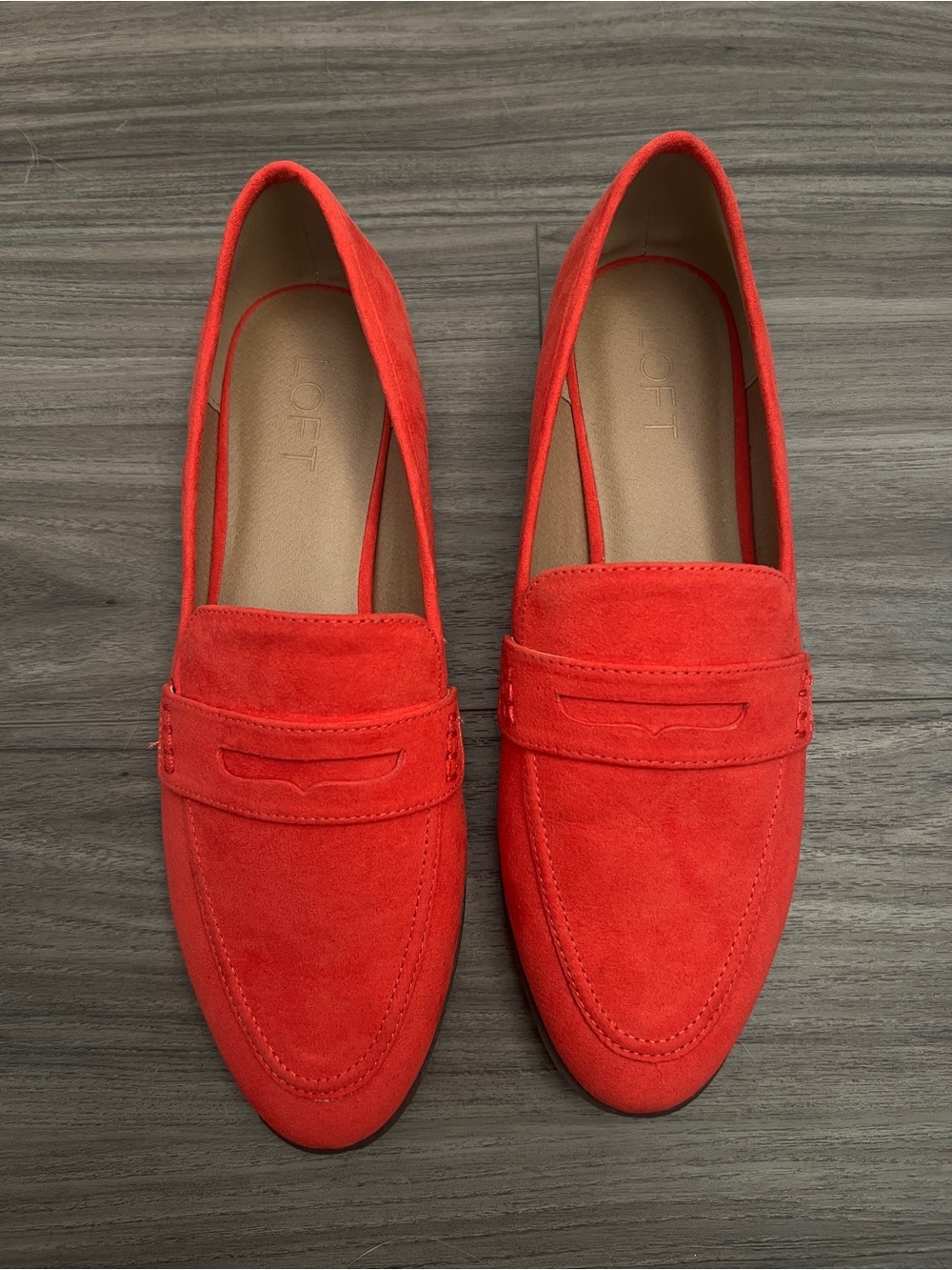 LOFT Womens Red Faux Suede Penny Loafers Pointed Toe Flats Size 9M